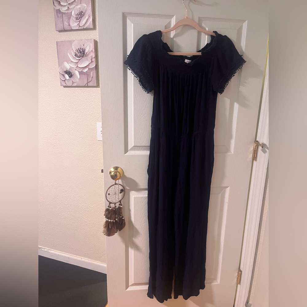 Navy Smocked Ruffle Jumpsuit Ankle Length Women’s Medium